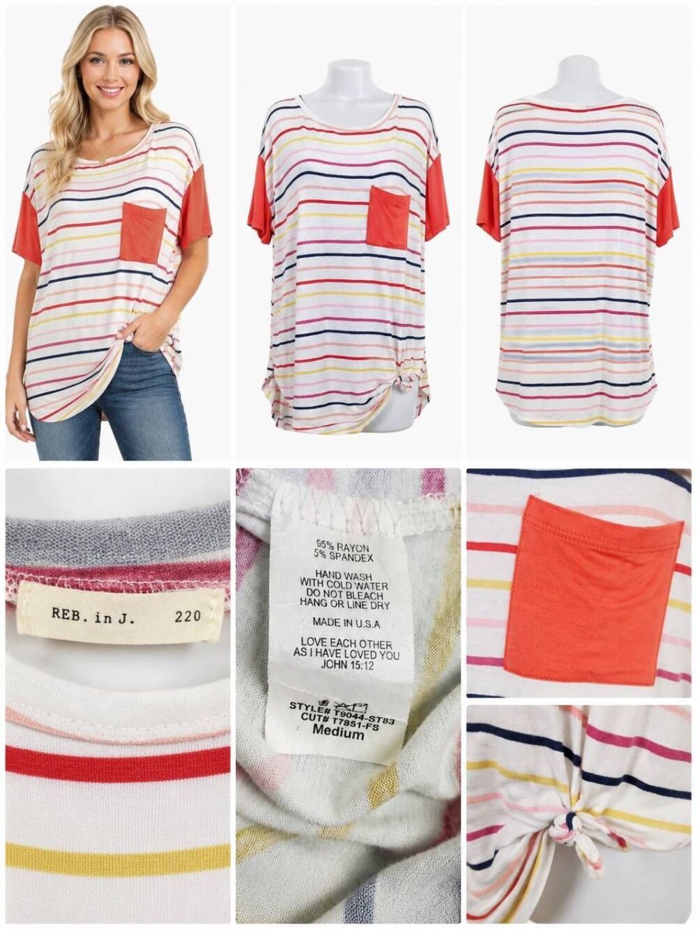 REB in J. M Multicolor Stripe Side Knot Pocket Tee